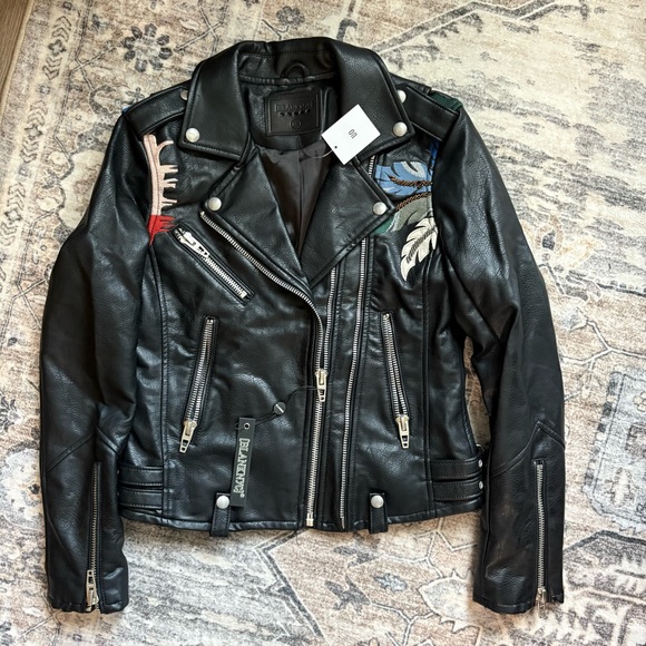 Blank NYC Island Fever Black Embroidered Vegan Leather Moto Jacket NEW size XS - Picture 7 of 14
